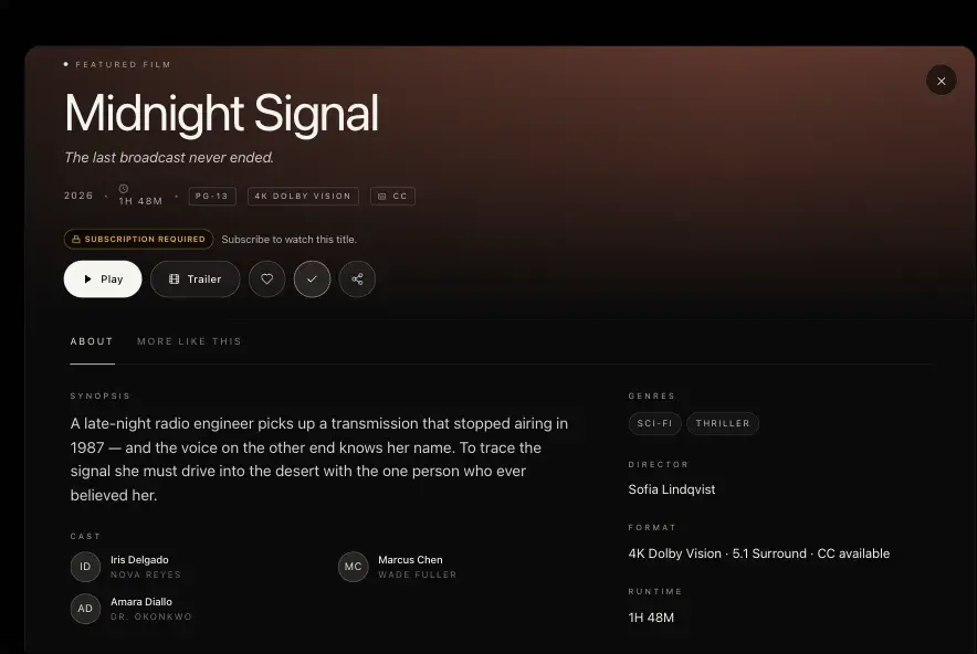 Web title detail modal for a sample film with Play, Trailer, wishlist and share actions, a Subscription required badge, synopsis, cast, genres and format details