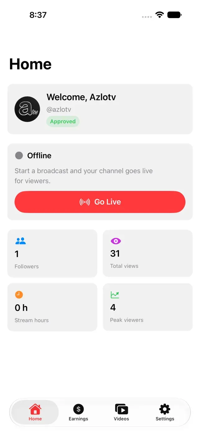 AzloTV Studio iPhone home screen with the @azlotv channel card marked Approved, an Offline status card with a red Go Live button, and tiles for followers, total views, stream hours and peak viewers