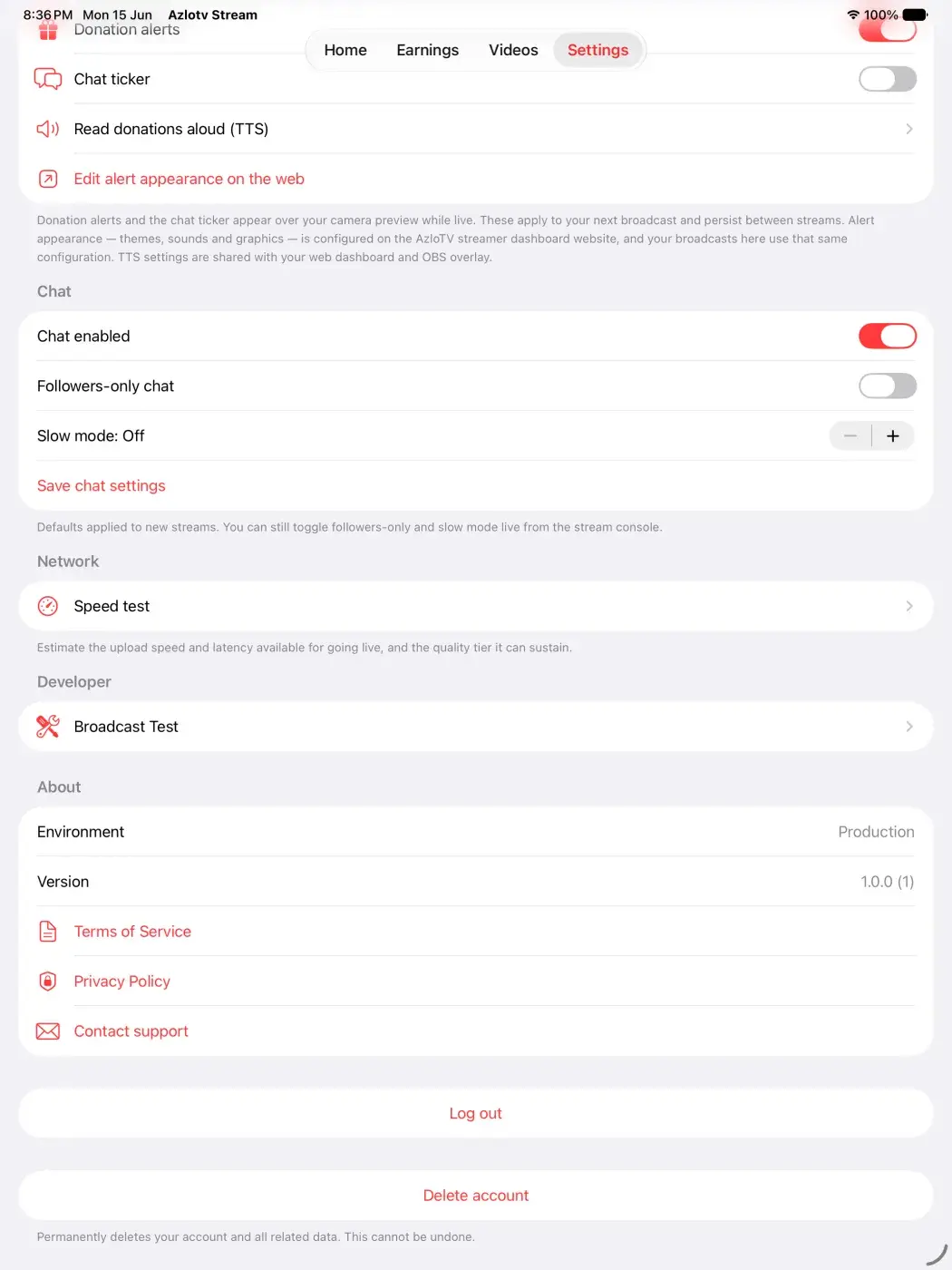 AzloTV Studio iPad settings screen with donation alert and chat ticker toggles, read-donations-aloud (TTS), chat defaults including followers-only and slow mode, a network speed test, a broadcast test entry and the about section
