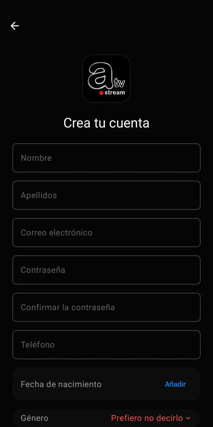 AzloTV Studio Android account creation screen in Spanish with first name, last name, email, password, confirm password and phone fields, a date of birth row and a gender selector