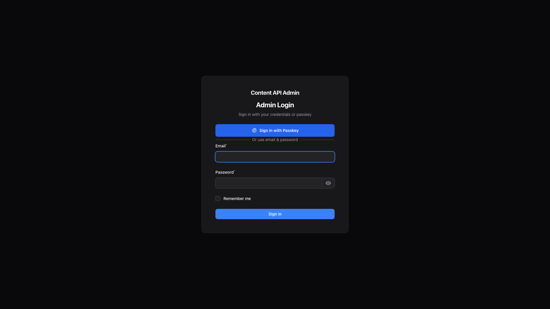 Dark Content API administration login with passkey authentication