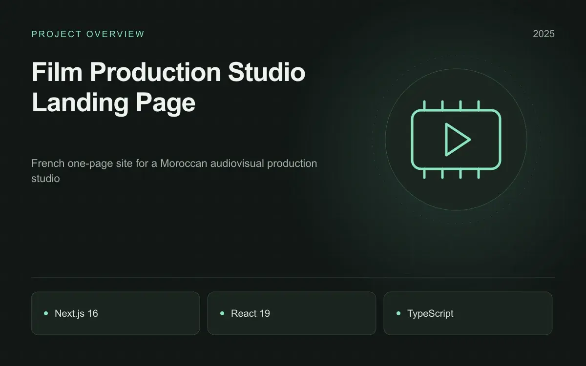 Film Production Studio Landing Page: illustrated overview. French one-page site for a Moroccan audiovisual production studio