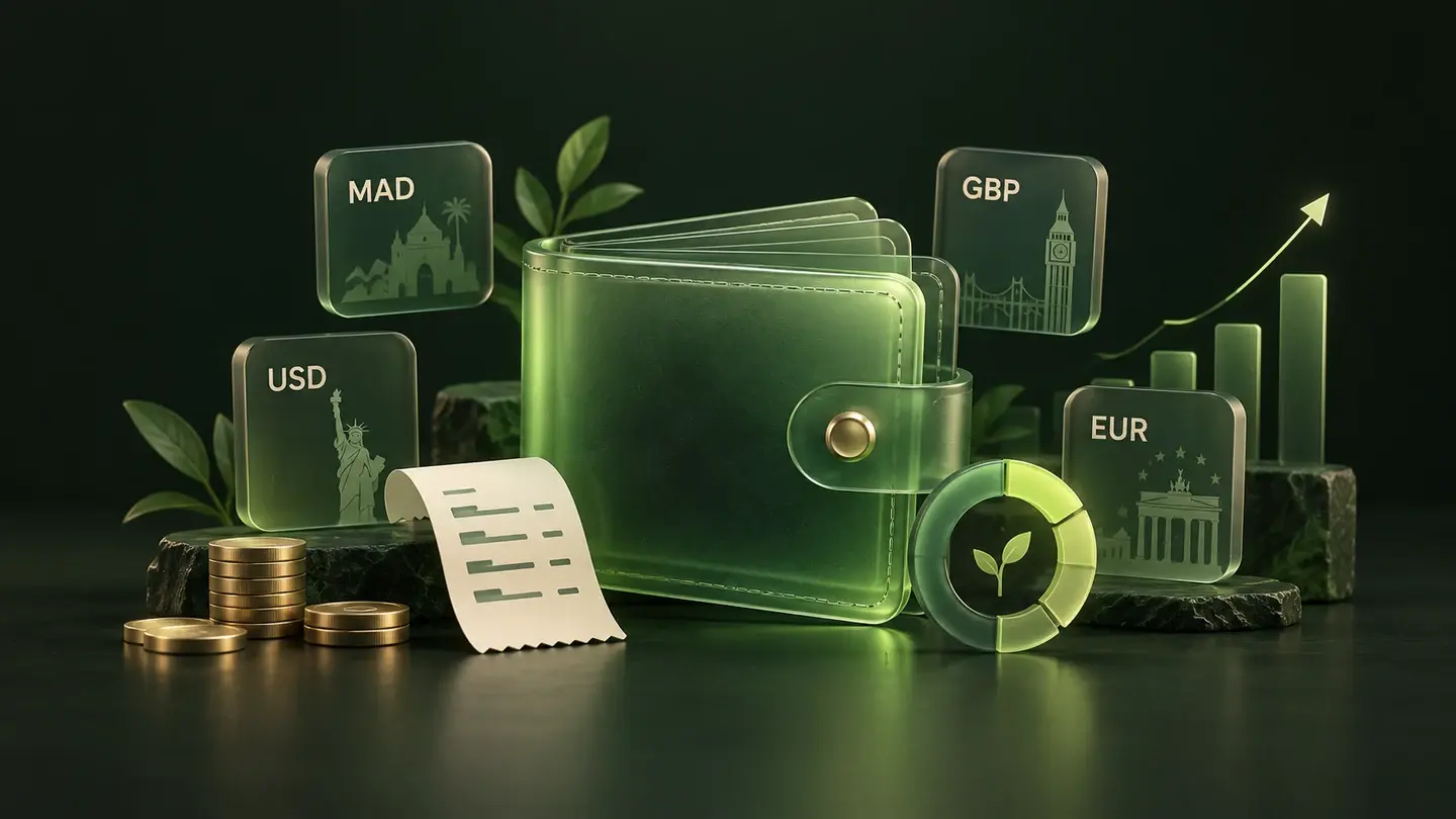 Finance OS concept illustration: a green wallet, receipt, savings ring and currency tiles for MAD, GBP, USD and EUR.