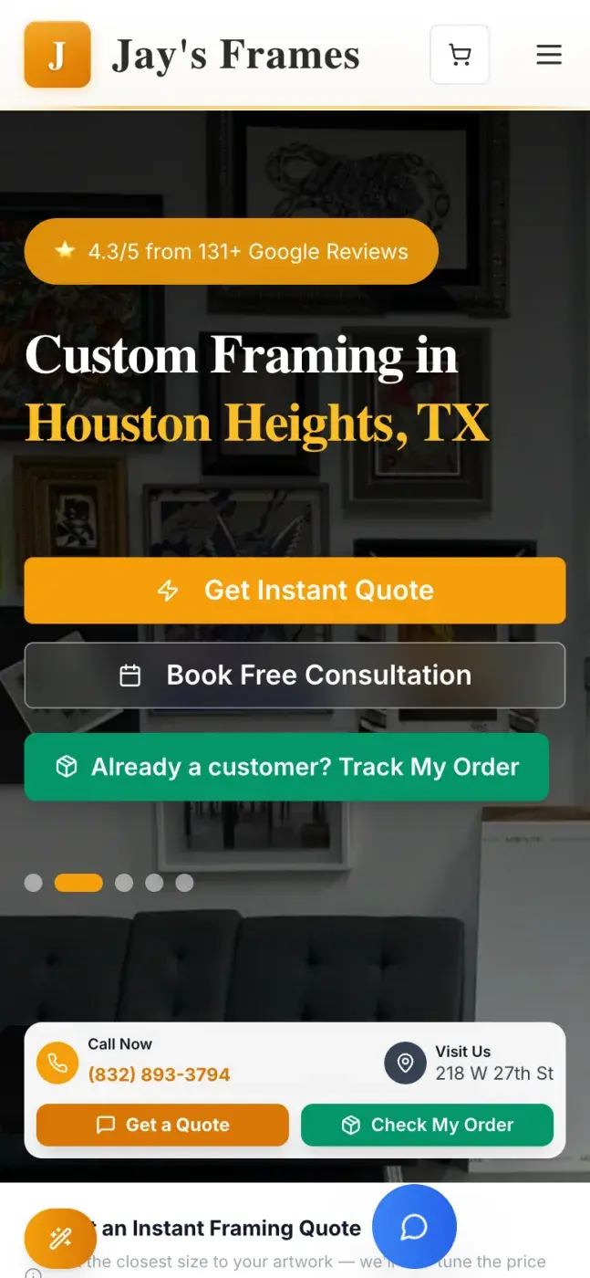 Jay's Frames homepage on a phone, with quote, consultation and order-tracking buttons stacked vertically