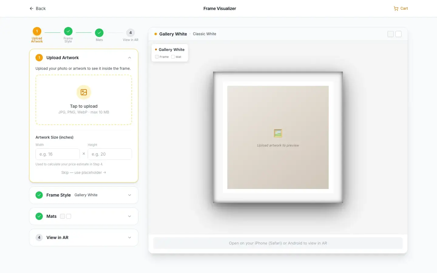 Frame Visualizer page with four steps (upload artwork, frame style, mats, view in AR), an artwork upload box with size fields, and an empty white-framed preview waiting for an upload