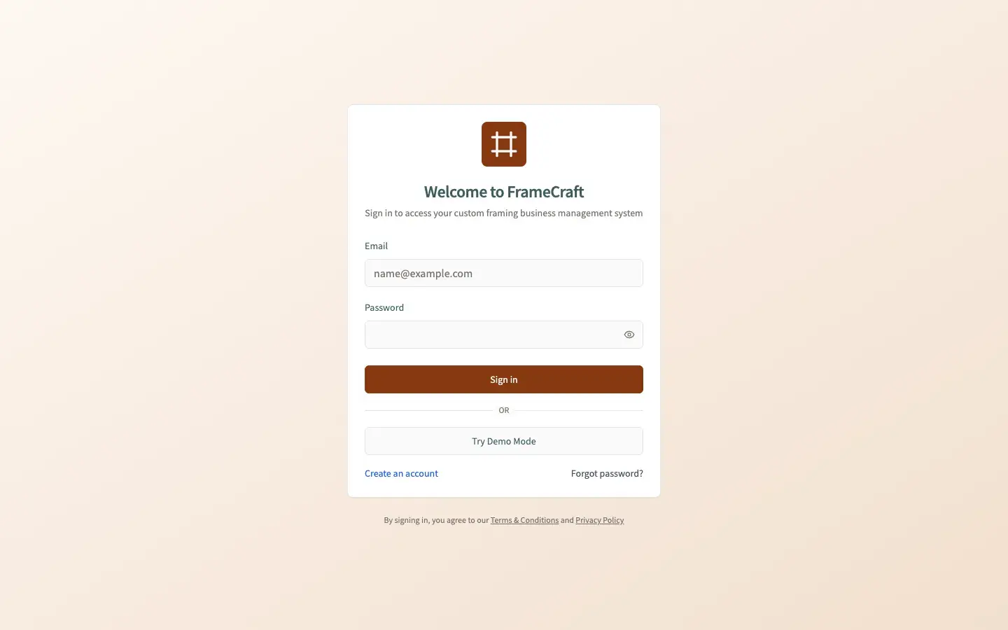 FrameCraft sign-in card with email and password fields, a Sign in button, a Try Demo Mode button, and create-account and forgot-password links