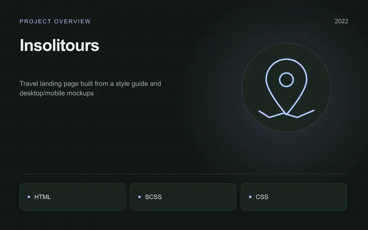 Insolitours: illustrated overview. Travel landing page built from a style guide and desktop/mobile mockups