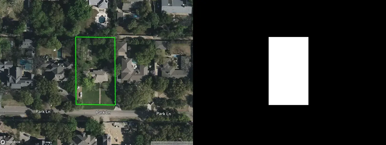Mapbox satellite image of a residential block with one lot outlined in green, next to a black image with a white rectangle marking the editable area