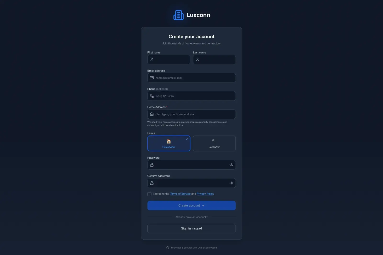Dark-themed Luxconn Create your account form with name, email, optional phone, home address field and a Homeowner or Contractor selector