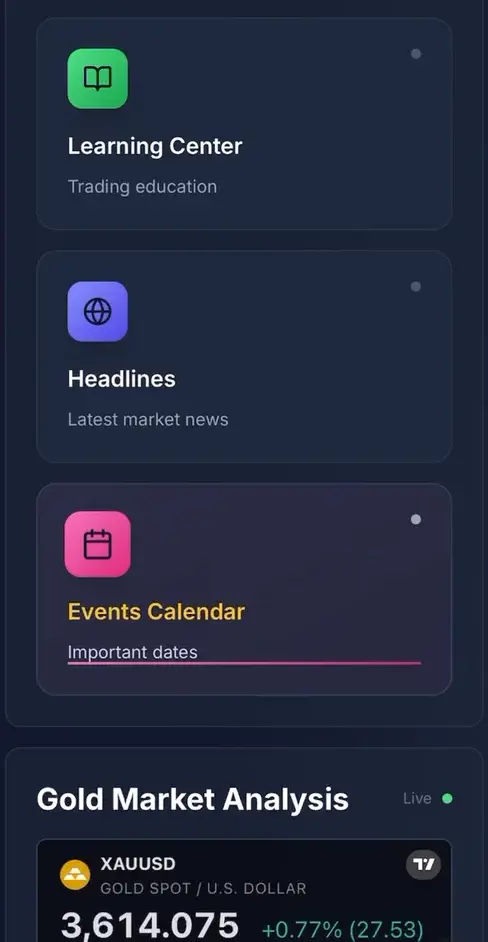 MENA Trade mobile dashboard showing Learning Center, Headlines and Events Calendar cards above a live Gold Market Analysis panel with the XAUUSD price