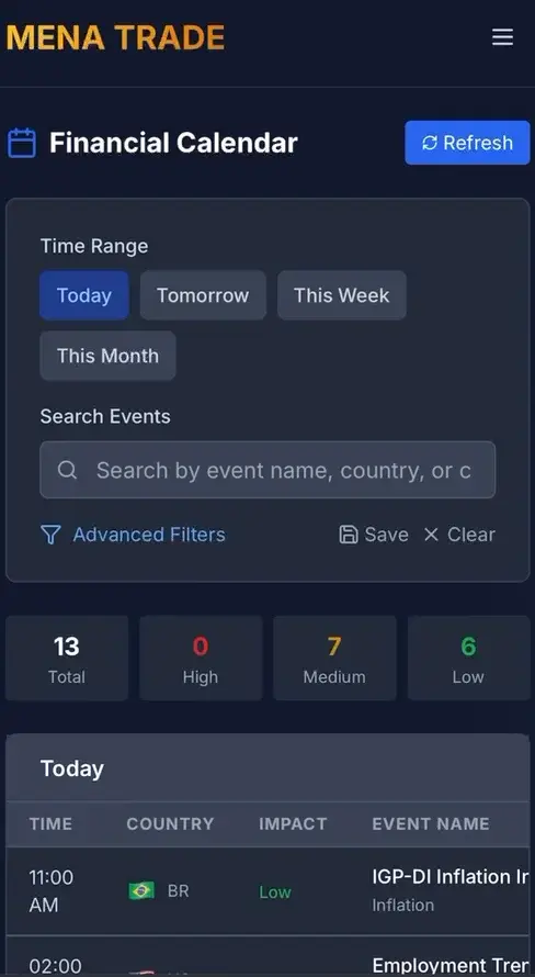 MENA Trade financial calendar on mobile with time-range filters, event search, counts of events by impact and a table of today's economic events