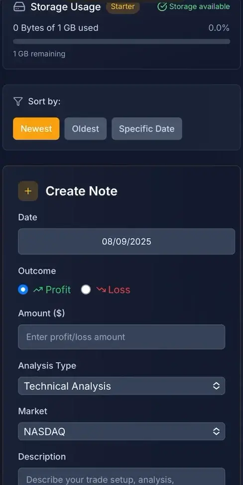 MENA Trade trading notes screen with a storage usage bar, sort options and a Create Note form for date, outcome, amount, analysis type and market