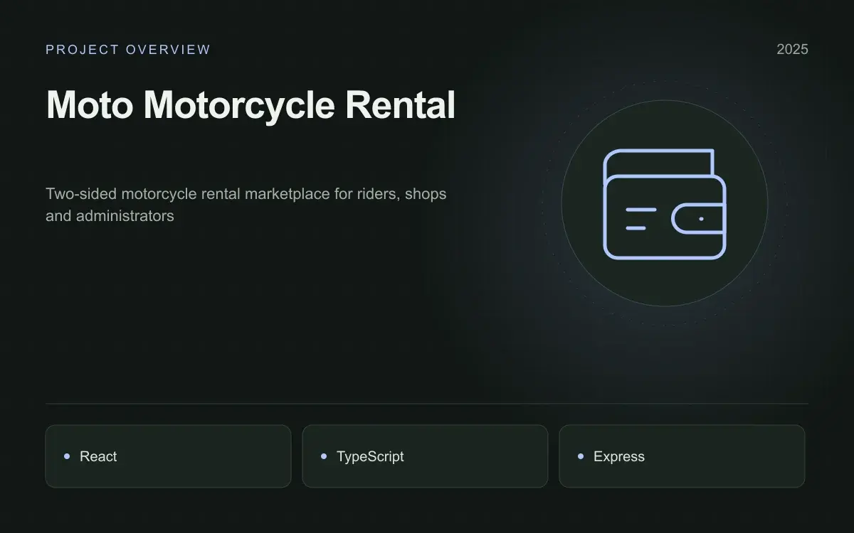 Moto Motorcycle Rental: illustrated overview. Two-sided motorcycle rental marketplace for riders, shops and administrators