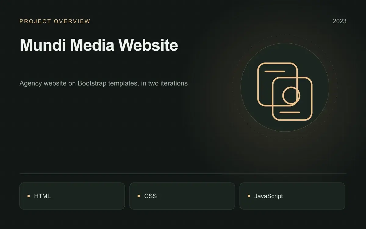 Mundi Media Website: illustrated overview. Agency website on Bootstrap templates, in two iterations