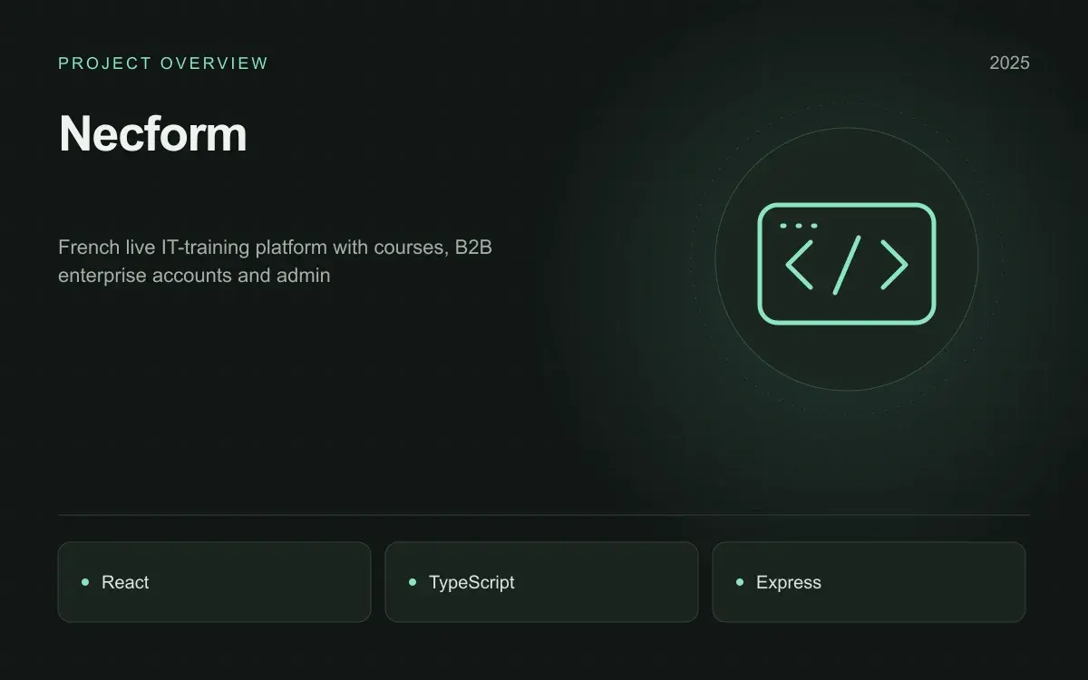 Necform: illustrated overview. French live IT-training platform with courses, B2B enterprise accounts and admin