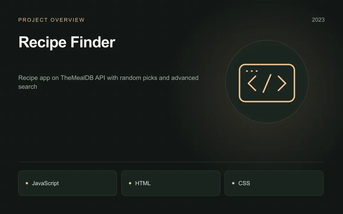 Recipe Finder: illustrated overview. Recipe app on TheMealDB API with random picks and advanced search