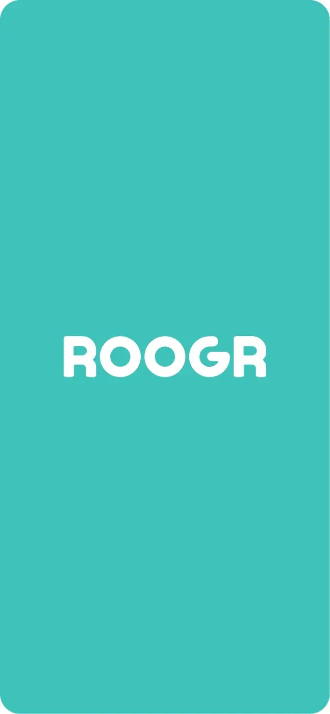 Roogr splash screen: white ROOGR wordmark centered on a teal background