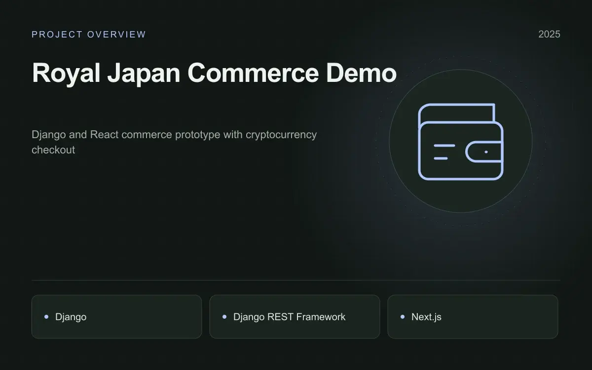Royal Japan Commerce Demo: illustrated overview. Django and React commerce prototype with cryptocurrency checkout