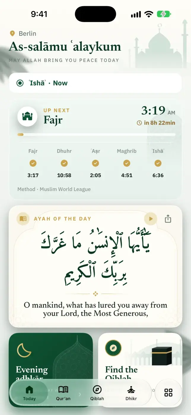 Sakinah Today screen on iPhone showing the next prayer with a countdown, today's five prayer times and the ayah of the day