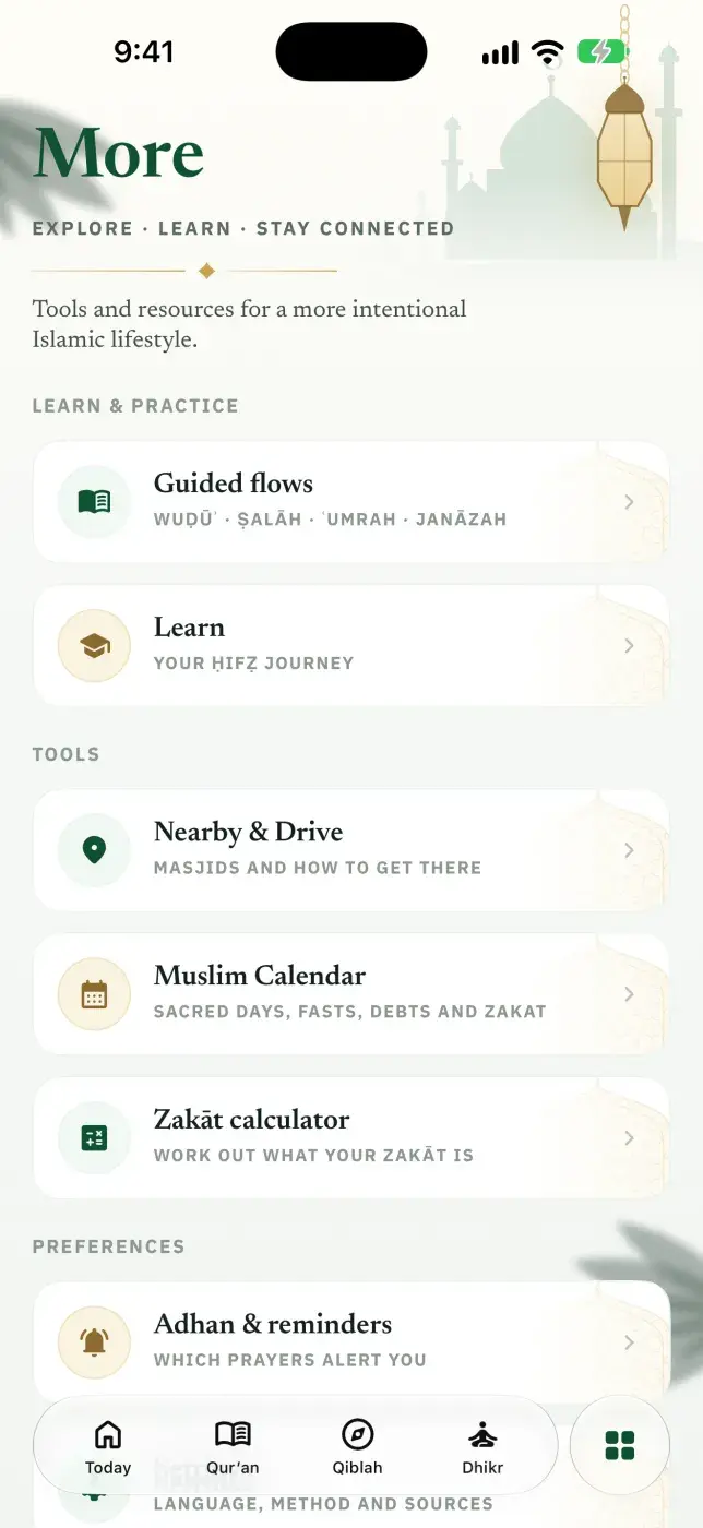 More tab listing guided flows, Learn, Nearby and Drive, the Muslim calendar, the zakat calculator and adhan settings