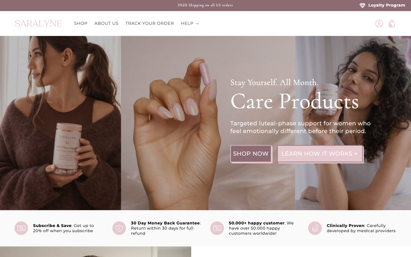 Current public Saralyne storefront. Contribution: Shopify theme customization.