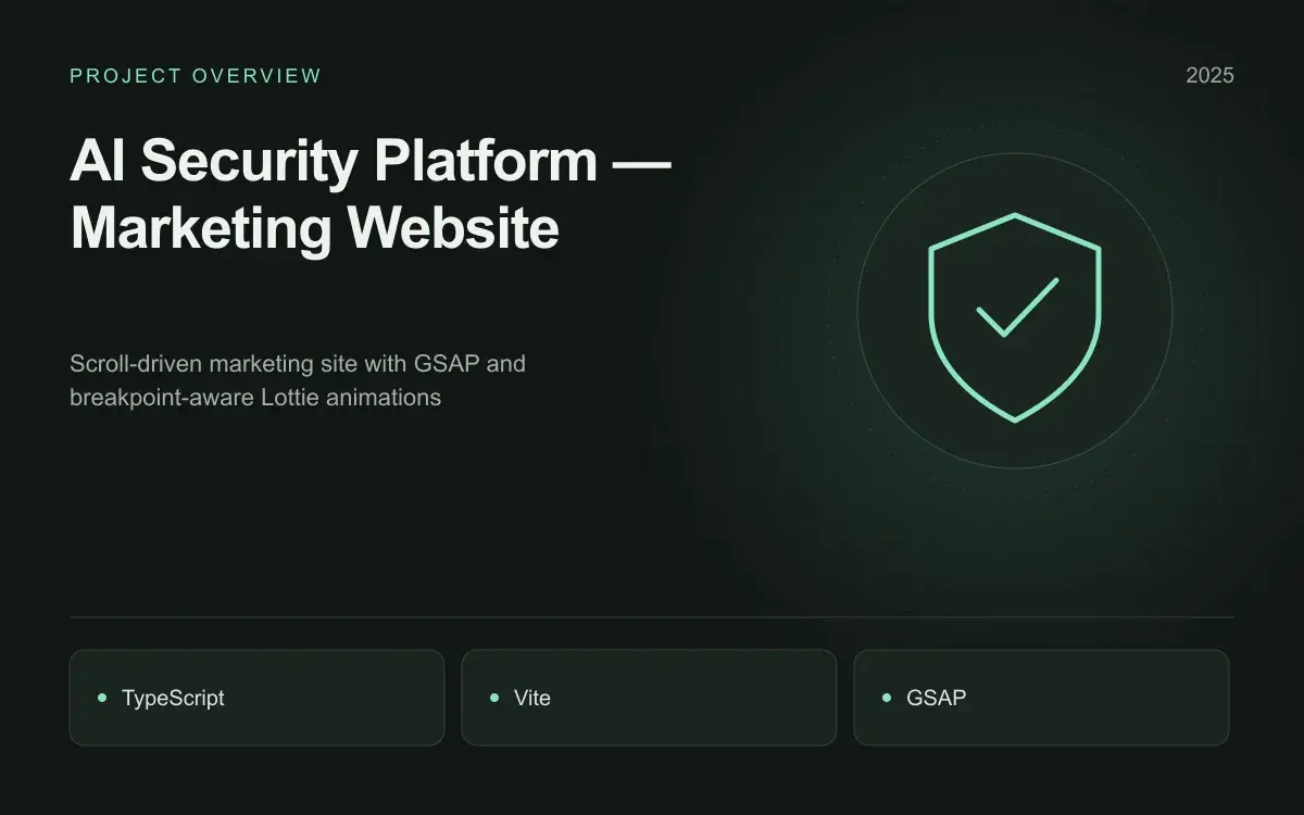 AI Security Platform — Marketing Website: illustrated overview. Scroll-driven marketing site with GSAP and breakpoint-aware Lottie animations