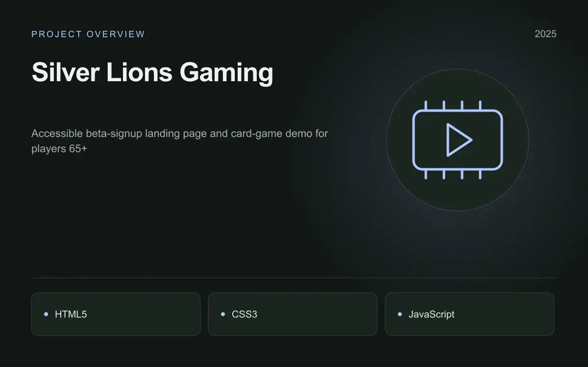 Silver Lions Gaming: illustrated overview. Accessible beta-signup landing page and card-game demo for players 65+