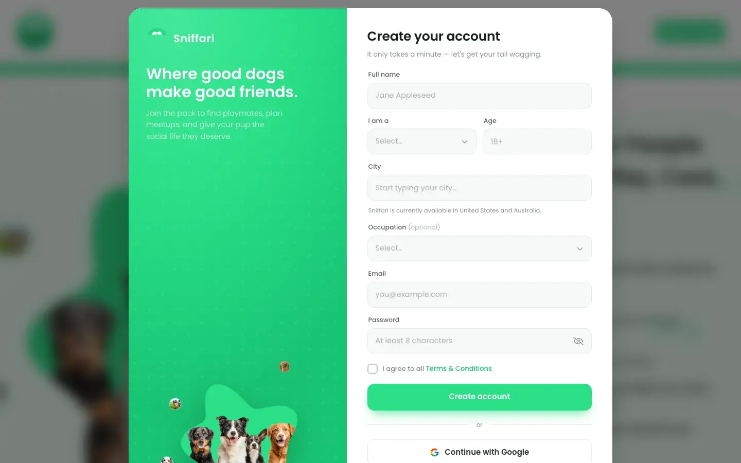 Two-panel sign-up modal with a green branded panel on the left and an empty account form with age, city, email and password fields and a Continue with Google button on the right