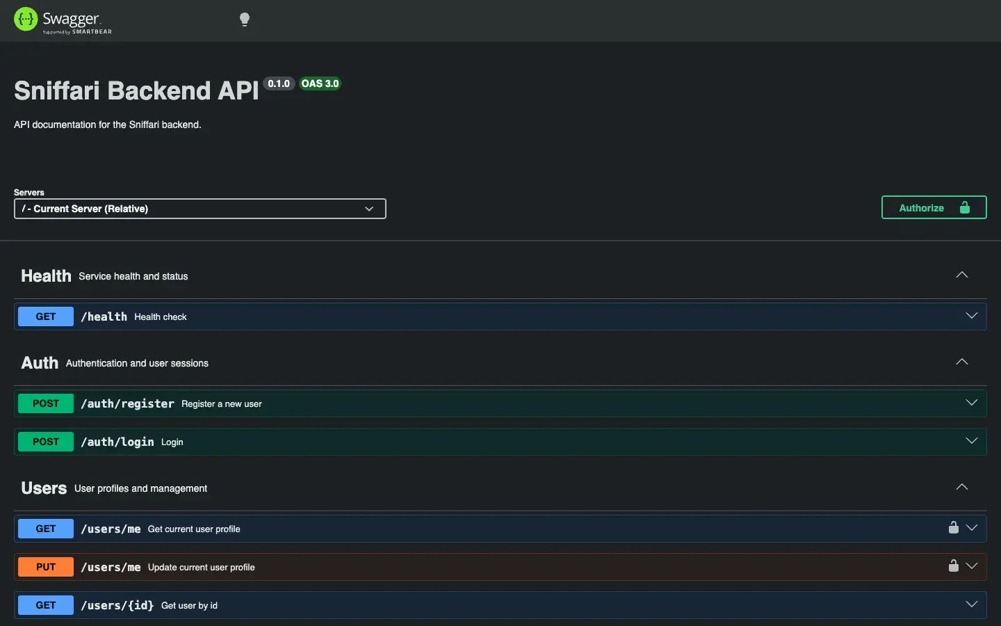 Swagger UI titled Sniffari Backend API listing health, auth and user endpoints