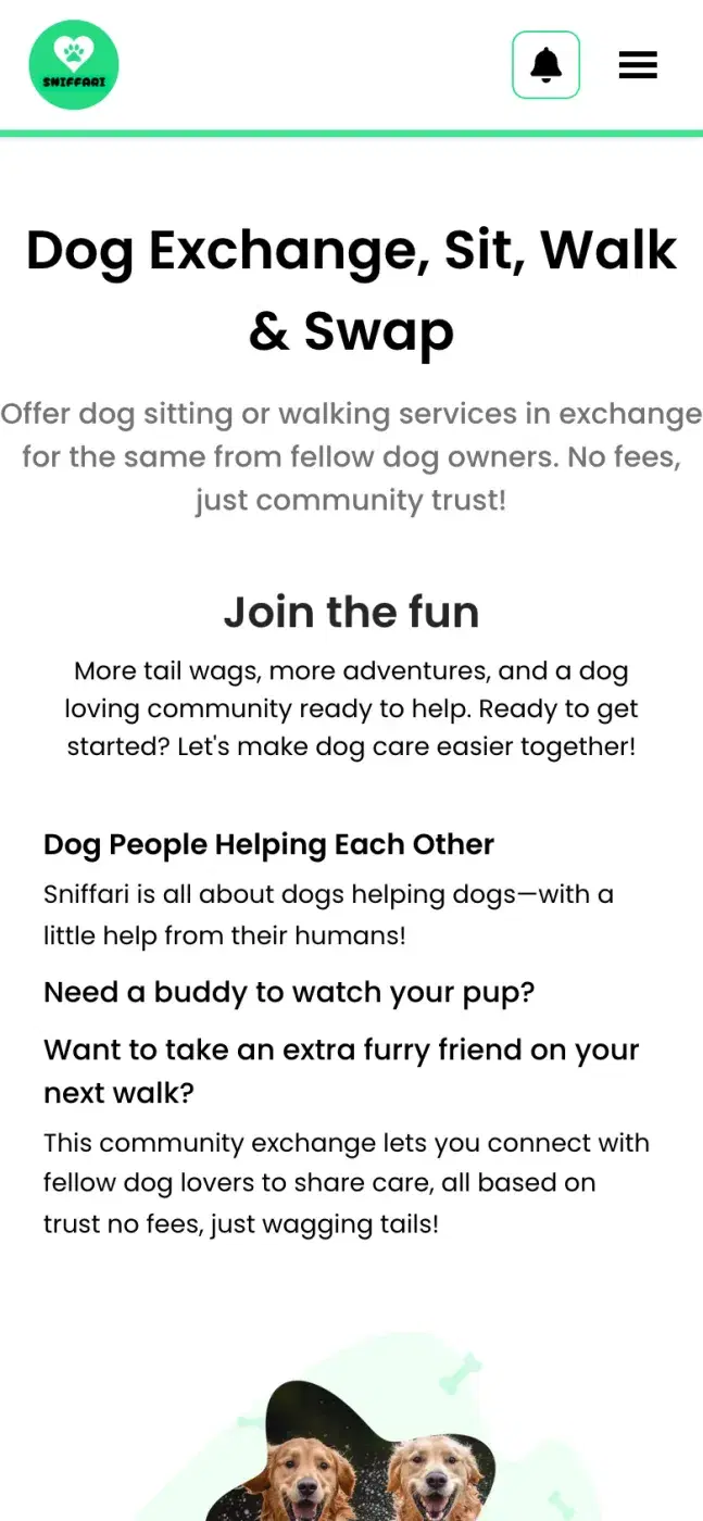Dog Exchange page on a phone titled Dog Exchange, Sit, Walk and Swap