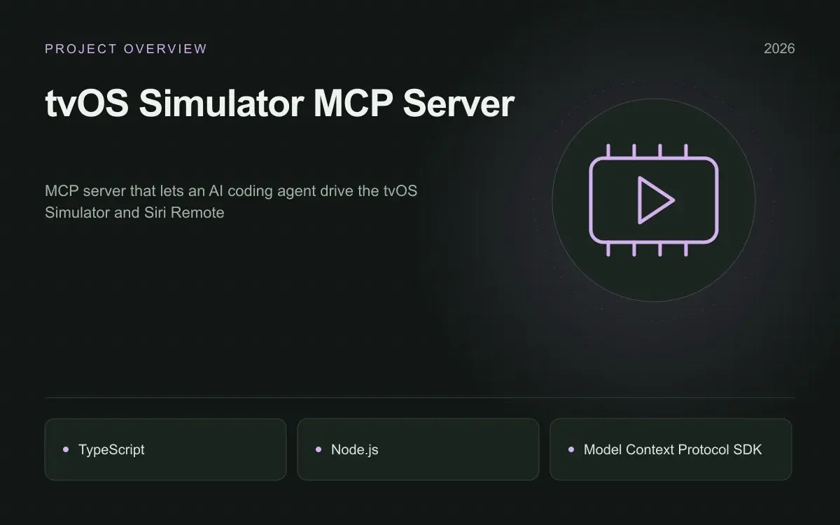 tvOS Simulator MCP Server: illustrated overview. MCP server that lets an AI coding agent drive the tvOS Simulator and Siri Remote