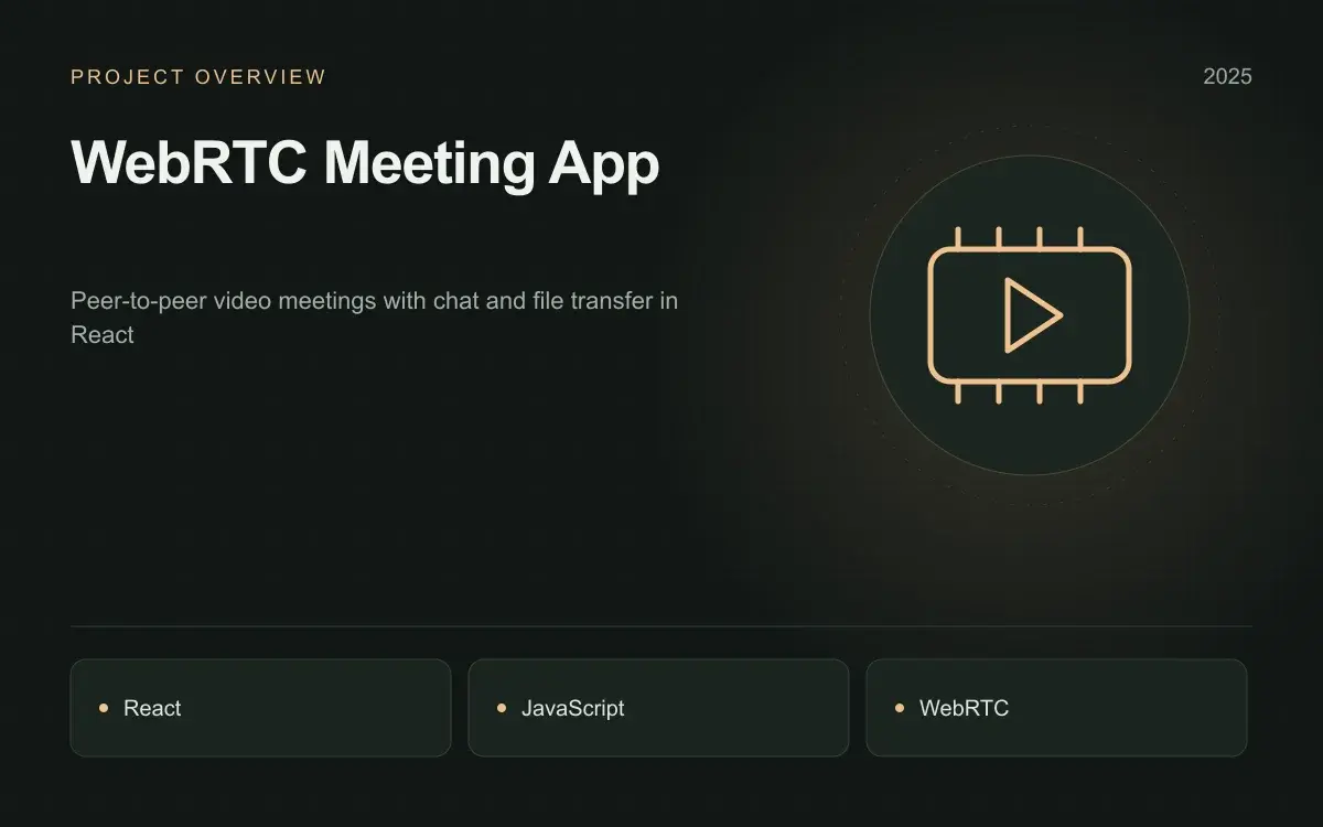 WebRTC Meeting App: illustrated overview. Peer-to-peer video meetings with chat and file transfer in React