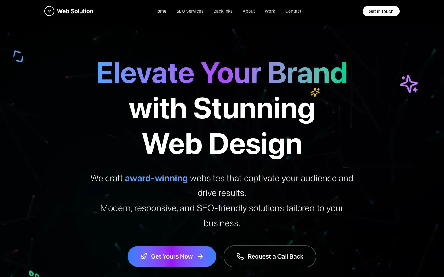WebSolution.ma homepage hero on desktop: dark background with thin animated streaks, gradient headline 'Elevate Your Brand with Stunning Web Design', floating icons and two call-to-action buttons