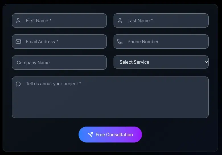Empty consultation form with first name, last name, email, phone, company name, service select and project description fields and a 'Free Consultation' button